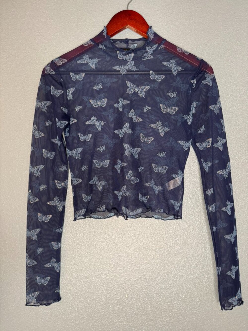 dELiA*s Y2K Butterfly Print Sheer Mesh Long Sleeve Crop Top Blue S